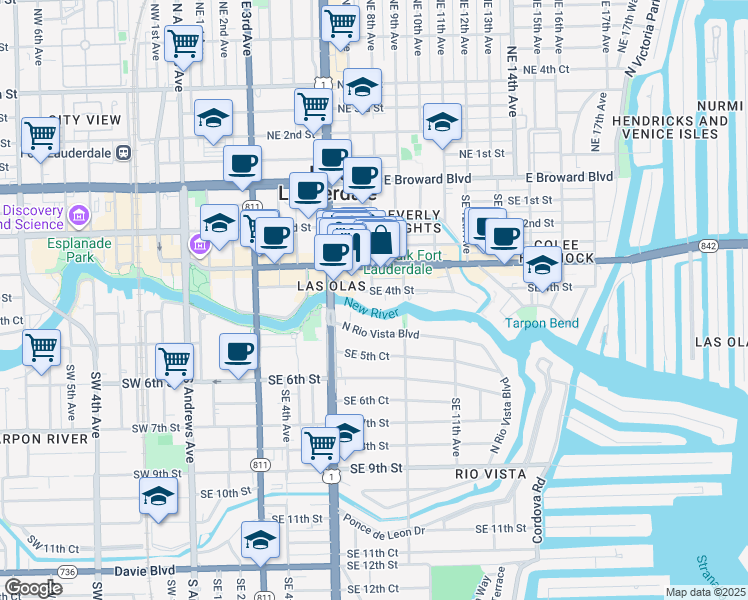 map of restaurants, bars, coffee shops, grocery stores, and more near 620 Southeast 4th Street in Fort Lauderdale