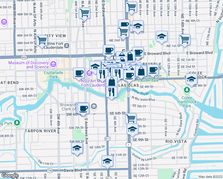 map of restaurants, bars, coffee shops, grocery stores, and more near 411 South New River Drive East in Fort Lauderdale