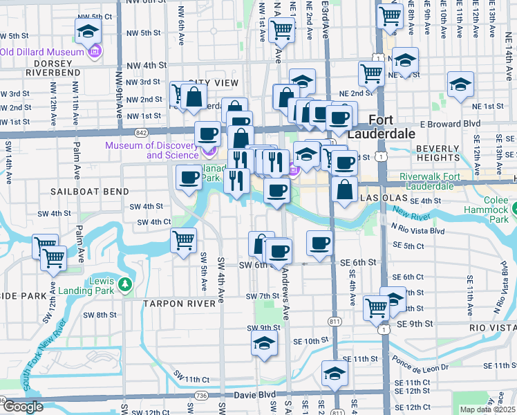 map of restaurants, bars, coffee shops, grocery stores, and more near 401 Southwest 1st Avenue in Fort Lauderdale