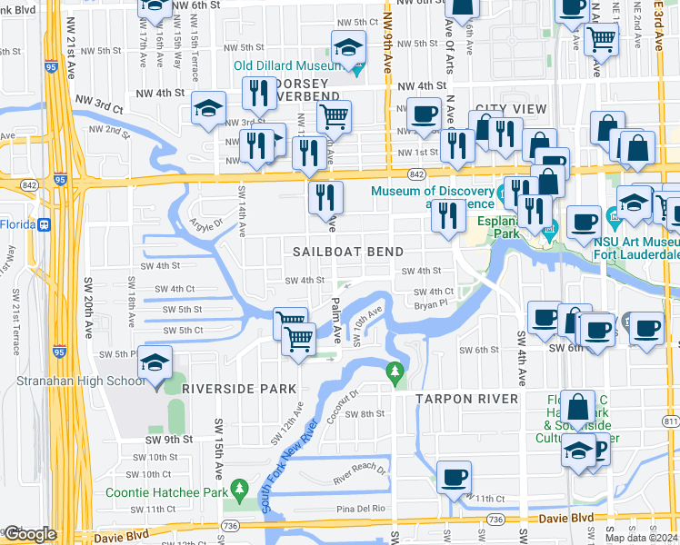 map of restaurants, bars, coffee shops, grocery stores, and more near 1017 Southwest 4th Street in Fort Lauderdale