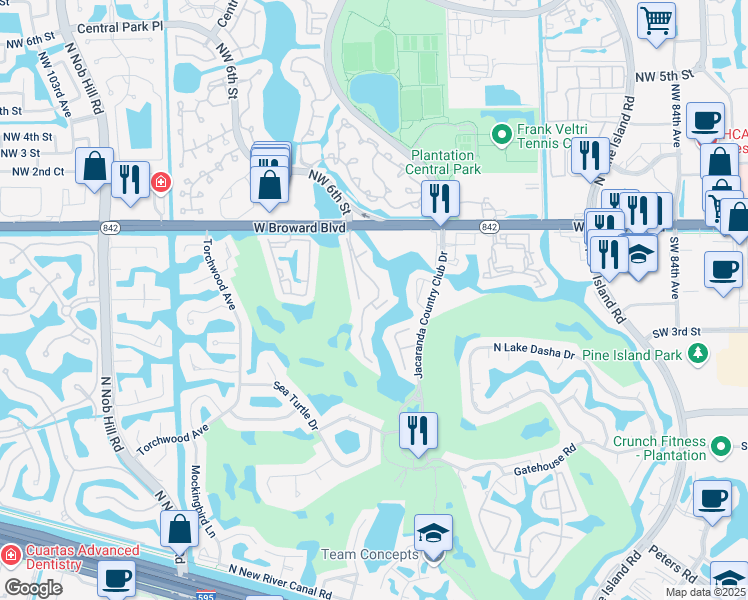 map of restaurants, bars, coffee shops, grocery stores, and more near 150 Southwest 94 Terrace in Plantation
