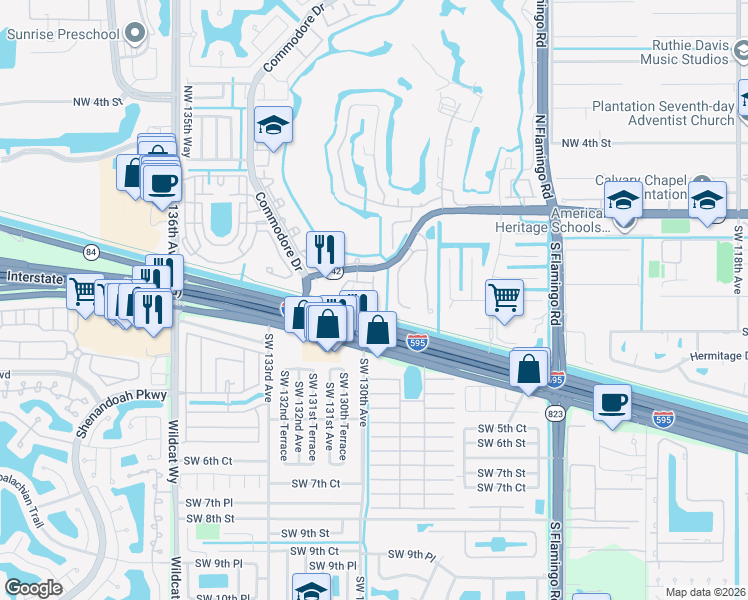 map of restaurants, bars, coffee shops, grocery stores, and more near 129 Riverwalk Circle East in Plantation