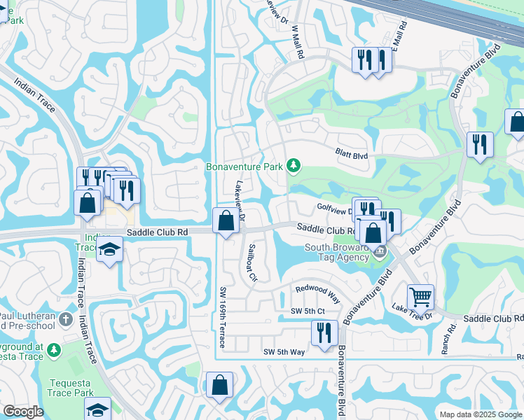 map of restaurants, bars, coffee shops, grocery stores, and more near 448 Lakeview Drive in Weston