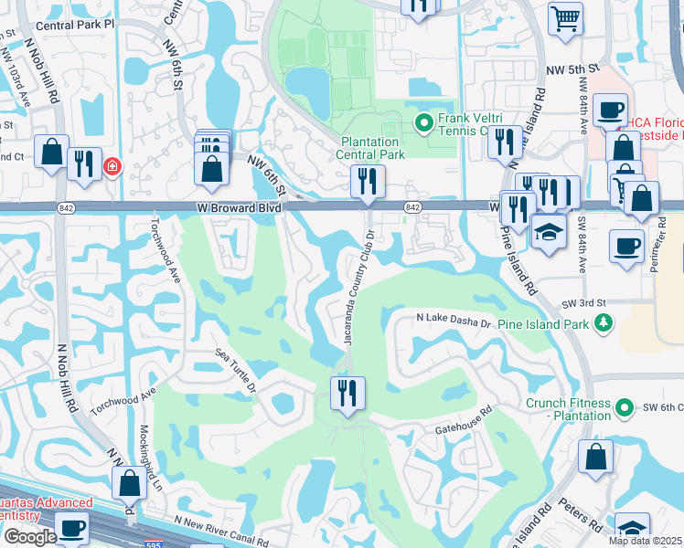 map of restaurants, bars, coffee shops, grocery stores, and more near 247 Jacaranda Drive in Plantation