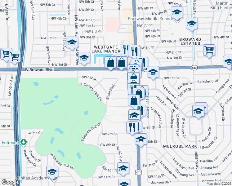 map of restaurants, bars, coffee shops, grocery stores, and more near 4100 Southwest 2nd Street in Plantation