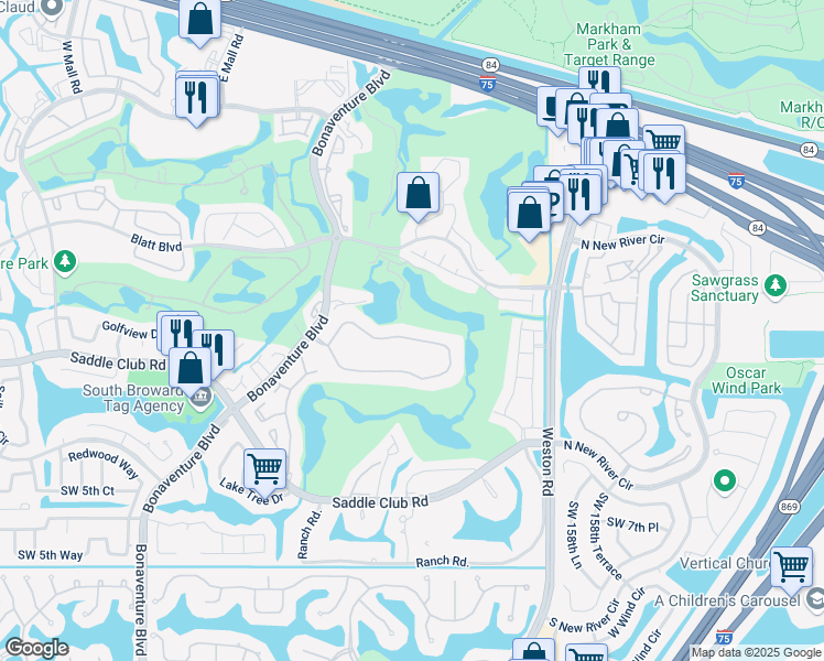 map of restaurants, bars, coffee shops, grocery stores, and more near 16325 Golf Club Road in Weston