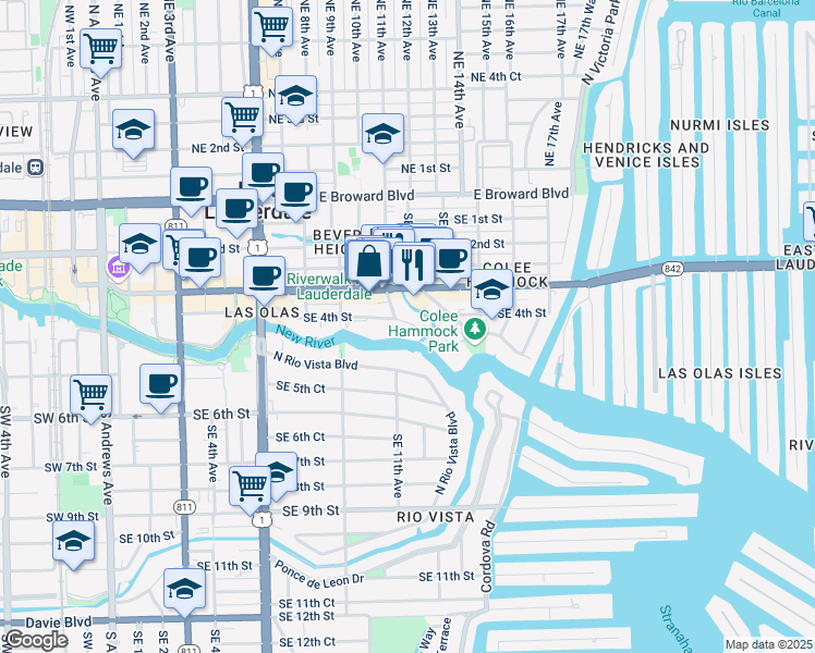 map of restaurants, bars, coffee shops, grocery stores, and more near 1110 Southeast 4th Street in Fort Lauderdale