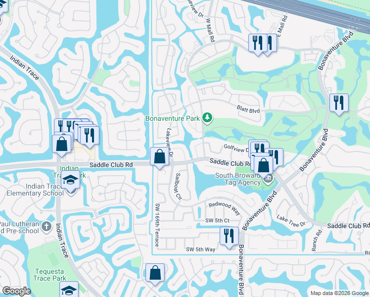 map of restaurants, bars, coffee shops, grocery stores, and more near 448 Lakeview Drive in Weston