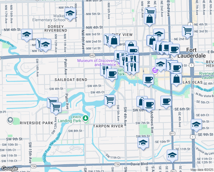 map of restaurants, bars, coffee shops, grocery stores, and more near 600 West Las Olas Boulevard in Fort Lauderdale