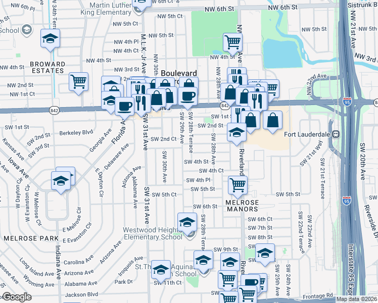 map of restaurants, bars, coffee shops, grocery stores, and more near 351 Southwest 28th Terrace in Fort Lauderdale