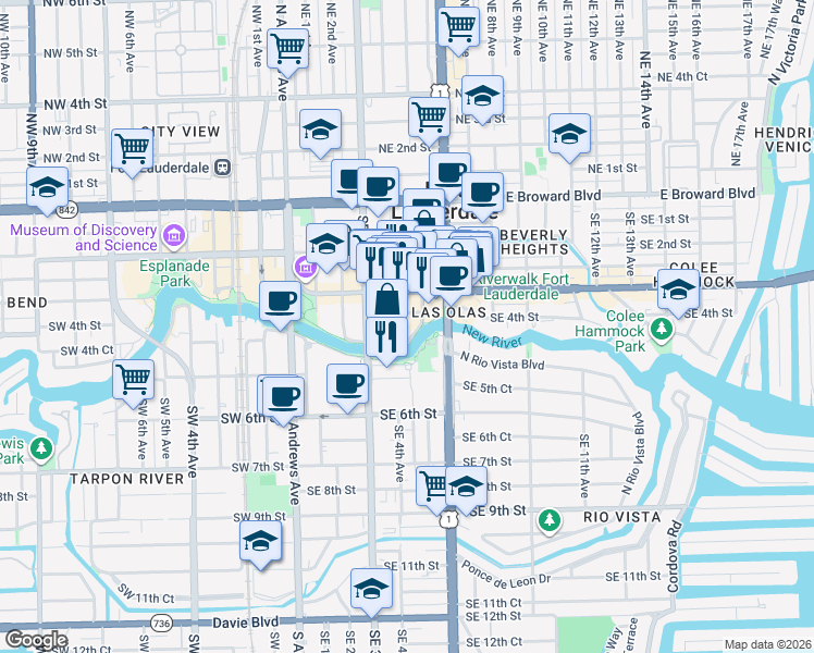 map of restaurants, bars, coffee shops, grocery stores, and more near 411 North New River Drive East in Fort Lauderdale