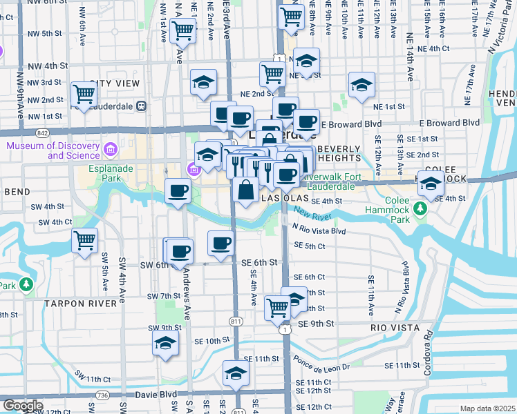 map of restaurants, bars, coffee shops, grocery stores, and more near 411 South New River Drive East in Fort Lauderdale
