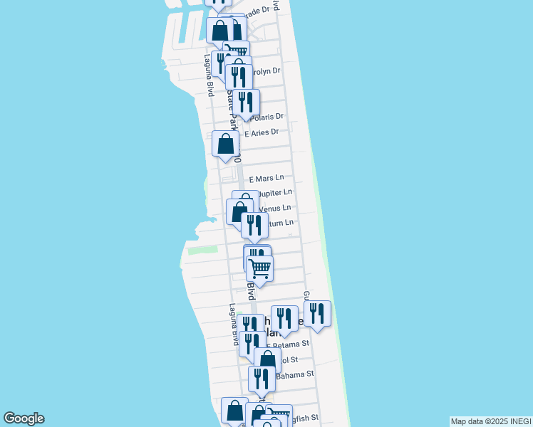 map of restaurants, bars, coffee shops, grocery stores, and more near 111 East Venus Lane in South Padre Island