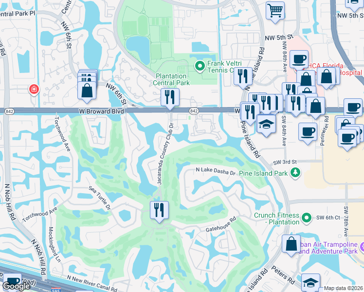 map of restaurants, bars, coffee shops, grocery stores, and more near 250 Jacaranda Country Club Drive in Plantation