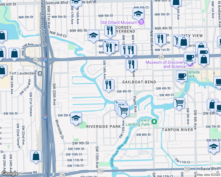 map of restaurants, bars, coffee shops, grocery stores, and more near 1348 Southwest 3rd Court in Fort Lauderdale