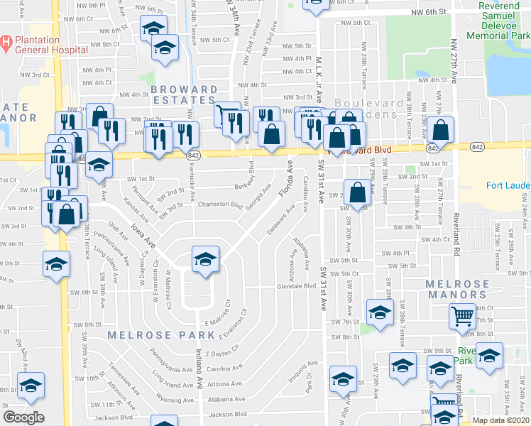 map of restaurants, bars, coffee shops, grocery stores, and more near 321 Florida Avenue in Fort Lauderdale