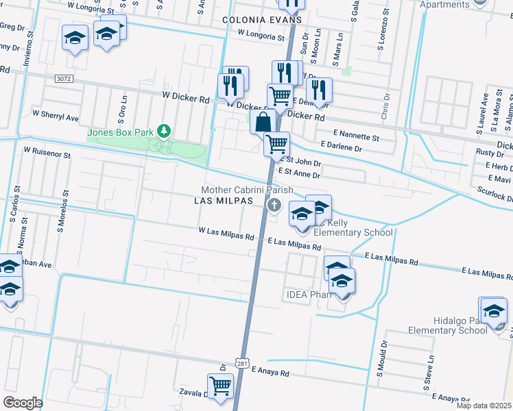 map of restaurants, bars, coffee shops, grocery stores, and more near 108 West Ruisenor Avenue in Pharr