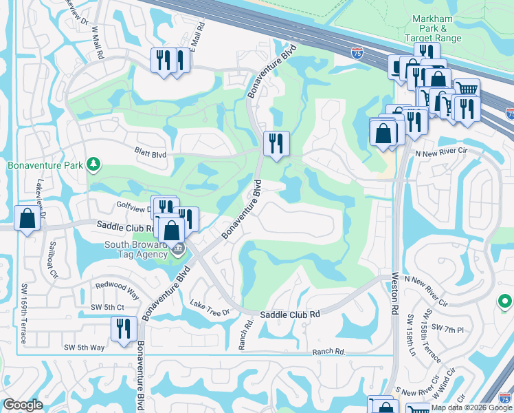 map of restaurants, bars, coffee shops, grocery stores, and more near 16475 Golf Club Road in Weston