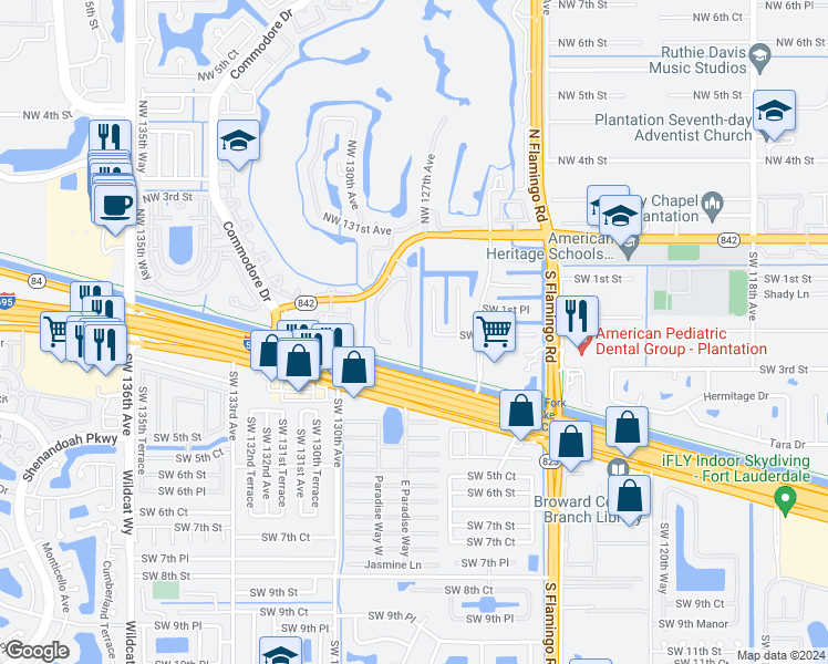 map of restaurants, bars, coffee shops, grocery stores, and more near 174 Southwest 127th Terrace in Plantation