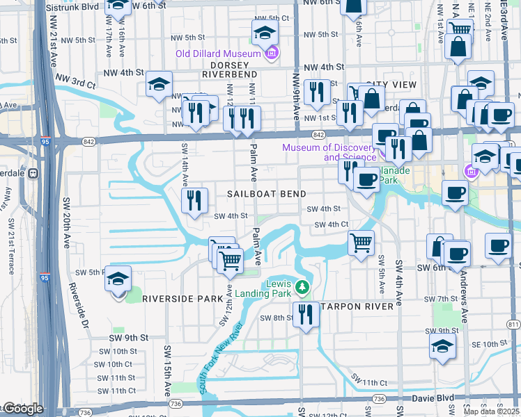 map of restaurants, bars, coffee shops, grocery stores, and more near 1017 Southwest 4th Street in Fort Lauderdale