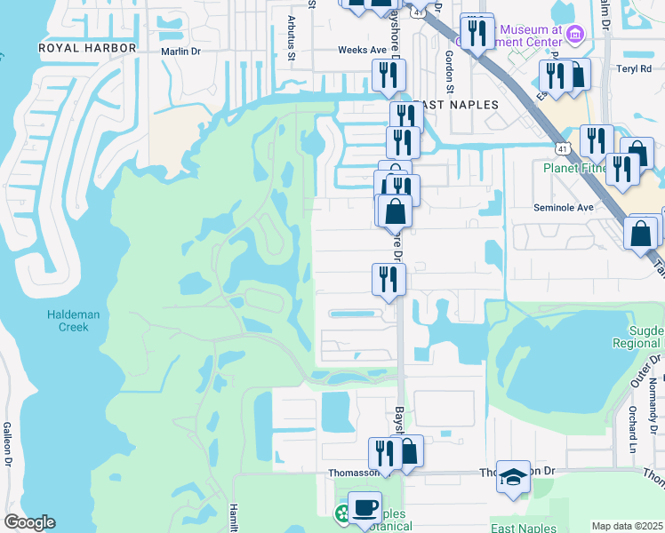map of restaurants, bars, coffee shops, grocery stores, and more near 2585 Van Buren Avenue in Naples