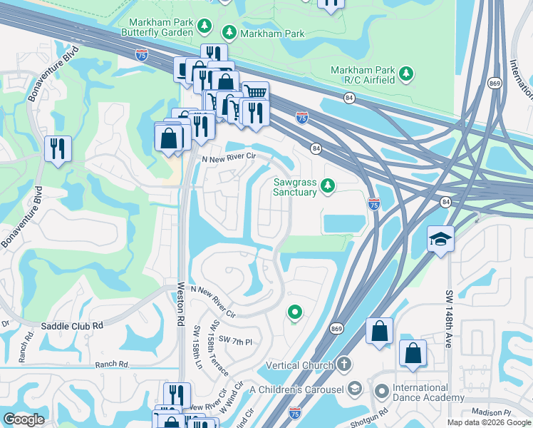 map of restaurants, bars, coffee shops, grocery stores, and more near 309 West Riverbend Drive in Sunrise