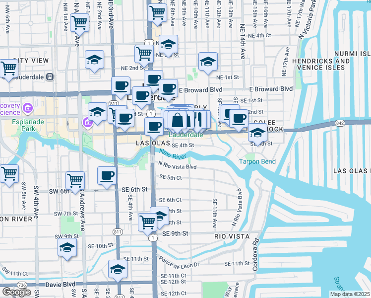 map of restaurants, bars, coffee shops, grocery stores, and more near 828 Southeast 4th Street in Fort Lauderdale