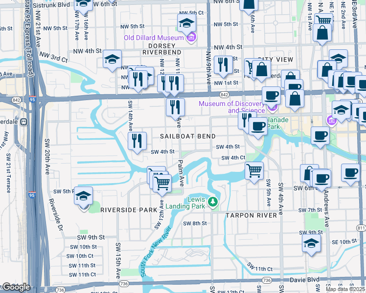 map of restaurants, bars, coffee shops, grocery stores, and more near 1017 Southwest 4th Street in Fort Lauderdale