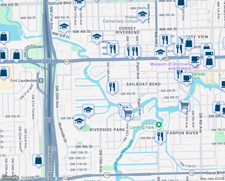 map of restaurants, bars, coffee shops, grocery stores, and more near 1348 Southwest 3rd Court in Fort Lauderdale