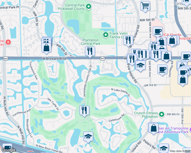 map of restaurants, bars, coffee shops, grocery stores, and more near 250 Jacaranda Country Club Drive in Plantation