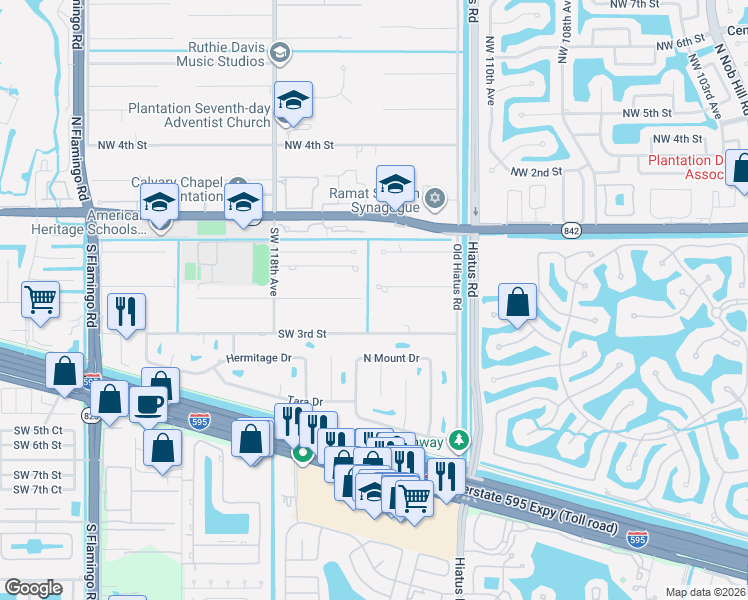 map of restaurants, bars, coffee shops, grocery stores, and more near 11400 Southwest 1st Court in Plantation