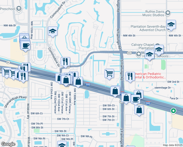 map of restaurants, bars, coffee shops, grocery stores, and more near 174 Southwest 127th Terrace in Plantation