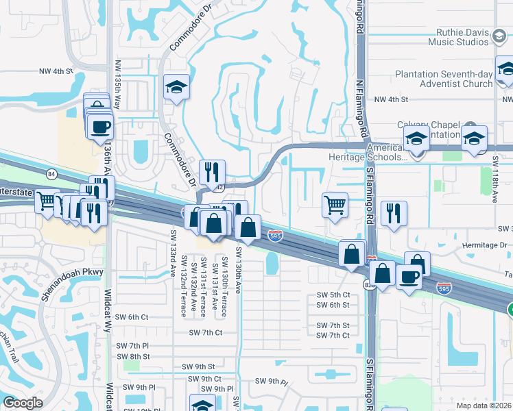map of restaurants, bars, coffee shops, grocery stores, and more near 112 Southwest 128th Avenue in Plantation