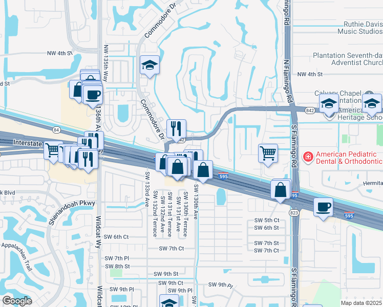 map of restaurants, bars, coffee shops, grocery stores, and more near 129 Riverwalk Circle East in Plantation
