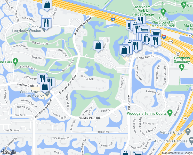 map of restaurants, bars, coffee shops, grocery stores, and more near 16325 Golf Club Road in Weston