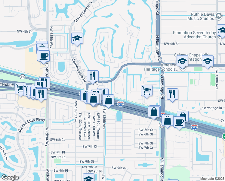 map of restaurants, bars, coffee shops, grocery stores, and more near 112 Southwest 128th Avenue in Plantation