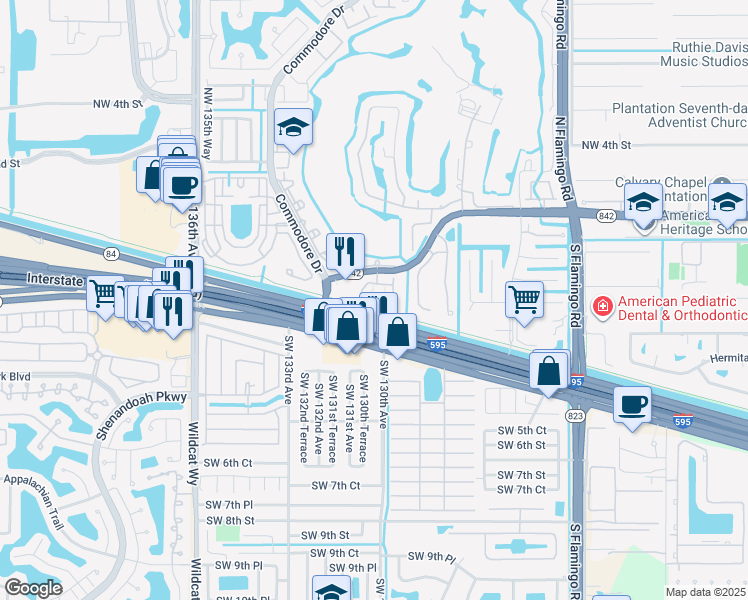 map of restaurants, bars, coffee shops, grocery stores, and more near 129 Riverwalk Circle East in Plantation