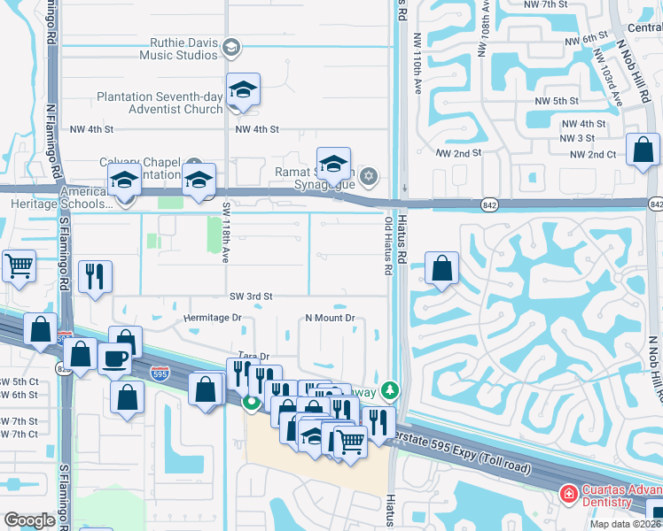 map of restaurants, bars, coffee shops, grocery stores, and more near 11400 Southwest 1st Court in Plantation
