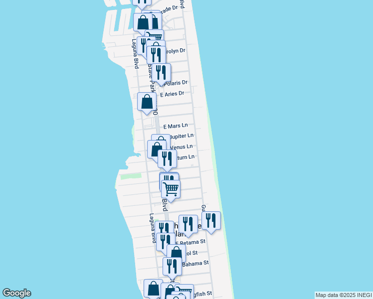 map of restaurants, bars, coffee shops, grocery stores, and more near 121 East Venus Lane in South Padre Island