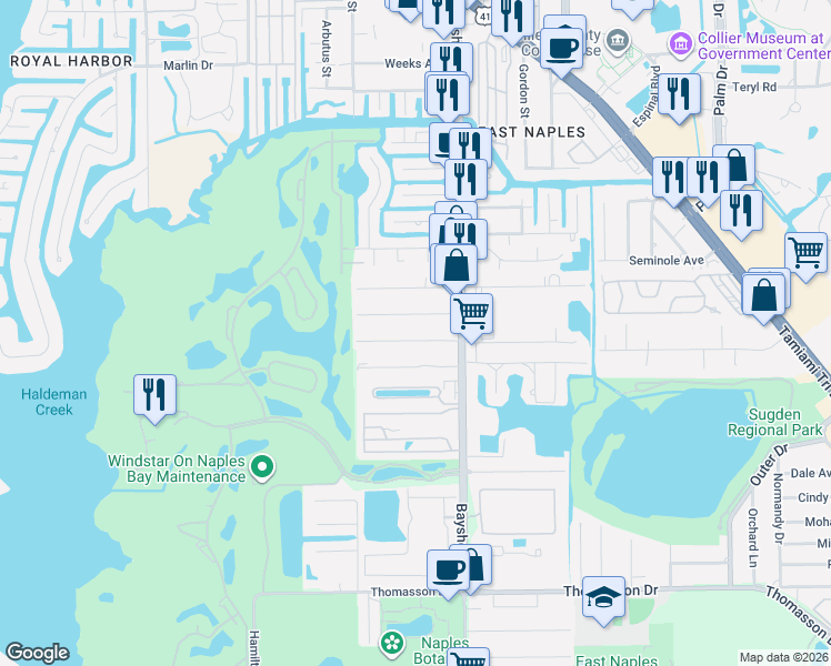 map of restaurants, bars, coffee shops, grocery stores, and more near 2721 Van Buren Avenue in Naples