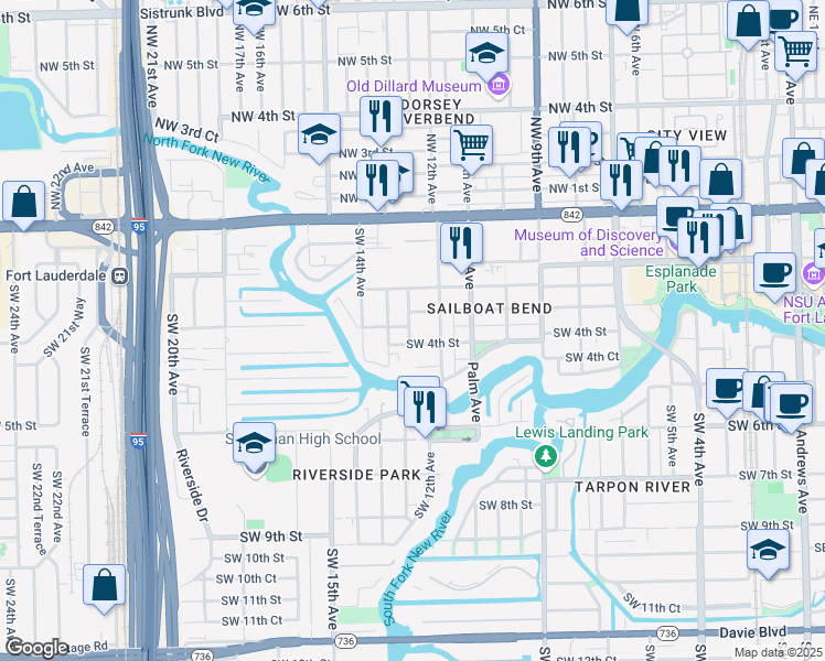 map of restaurants, bars, coffee shops, grocery stores, and more near 1242 West Las Olas Boulevard in Fort Lauderdale