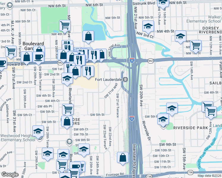 map of restaurants, bars, coffee shops, grocery stores, and more near 215 Southwest 21st Way in Fort Lauderdale