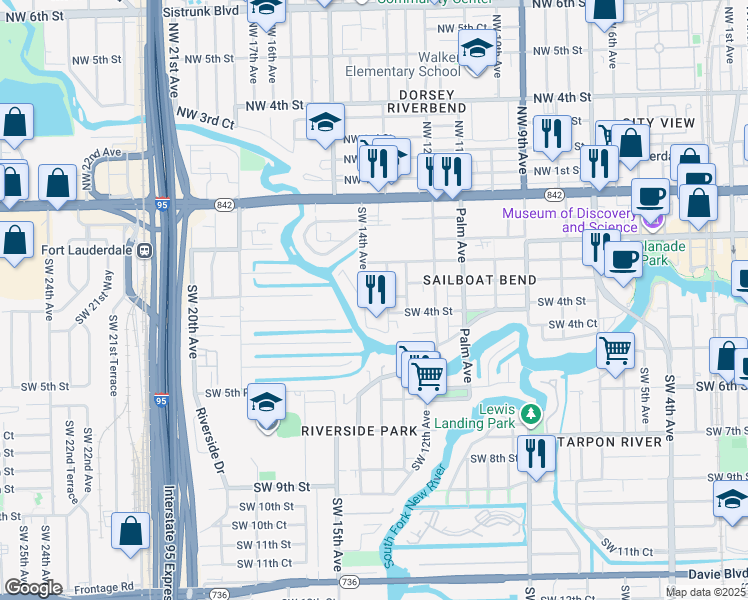 map of restaurants, bars, coffee shops, grocery stores, and more near 1346 Southwest 3rd Court in Fort Lauderdale