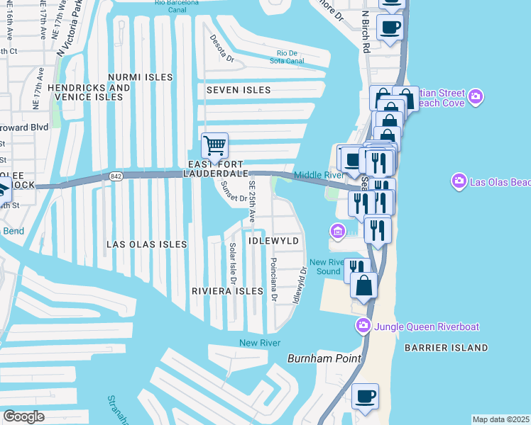 map of restaurants, bars, coffee shops, grocery stores, and more near 2515 Hibiscus Pl in Fort Lauderdale