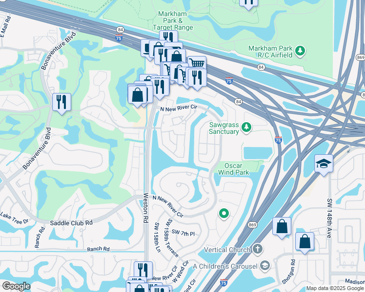 map of restaurants, bars, coffee shops, grocery stores, and more near 241 Southwest 159th Avenue in Sunrise