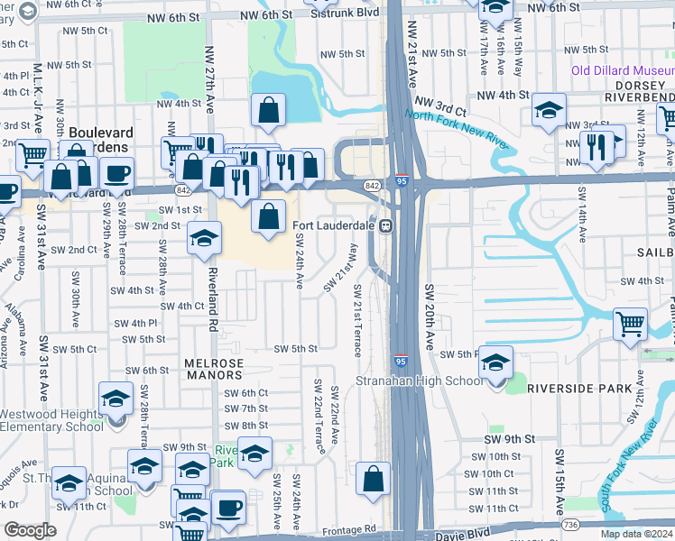 map of restaurants, bars, coffee shops, grocery stores, and more near 215 Southwest 21st Way in Fort Lauderdale