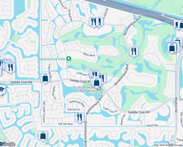 map of restaurants, bars, coffee shops, grocery stores, and more near 16673 Golfview Drive in Weston