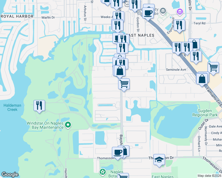 map of restaurants, bars, coffee shops, grocery stores, and more near 2721 Van Buren Avenue in Naples