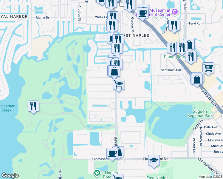 map of restaurants, bars, coffee shops, grocery stores, and more near 2855 Van Buren Avenue in Naples