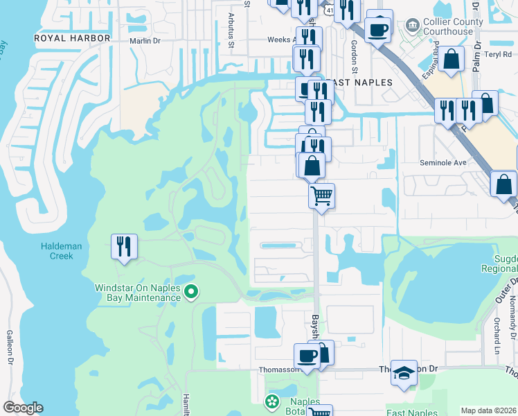 map of restaurants, bars, coffee shops, grocery stores, and more near 2553 Van Buren Avenue in Naples